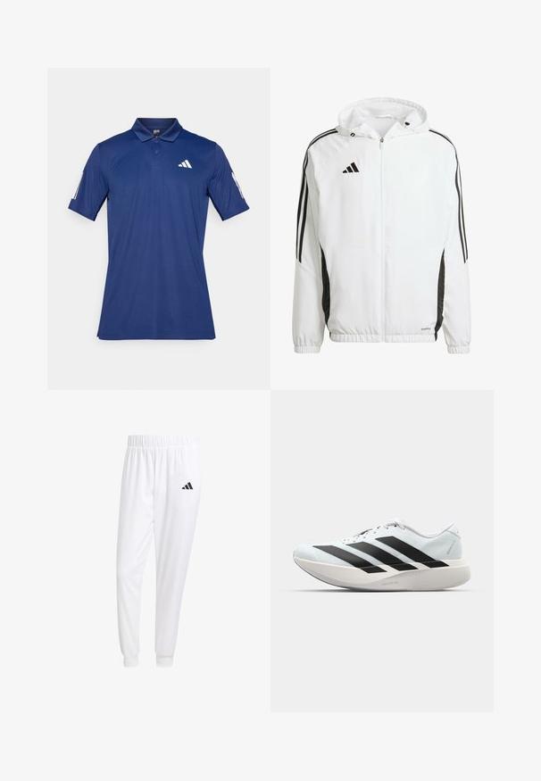 Witte sportjack met capuchon, met zwarte strepen langs de mouwen en een Adidas-logo op de bovenste linkerborst. Elastische manchetten.; Marineblauwe polo-shirt gemaakt van lichtgewicht stof, met een klassieke kraag, korte mouwen en witte logo-accenten op de borst en mouw.; Witte sportbroek van gladde stof, met een elastische tailleband en smalle taillebanden, voorzien van een zwart logo op de achterzak.; Lichte hardloopschoenen in lichtblauw met zwarte strepen. Beschikt over een soepele bovenkant, ronde neusstuk en dikke witte tussenzool met het label "LIGHTSTRIKE PRO."