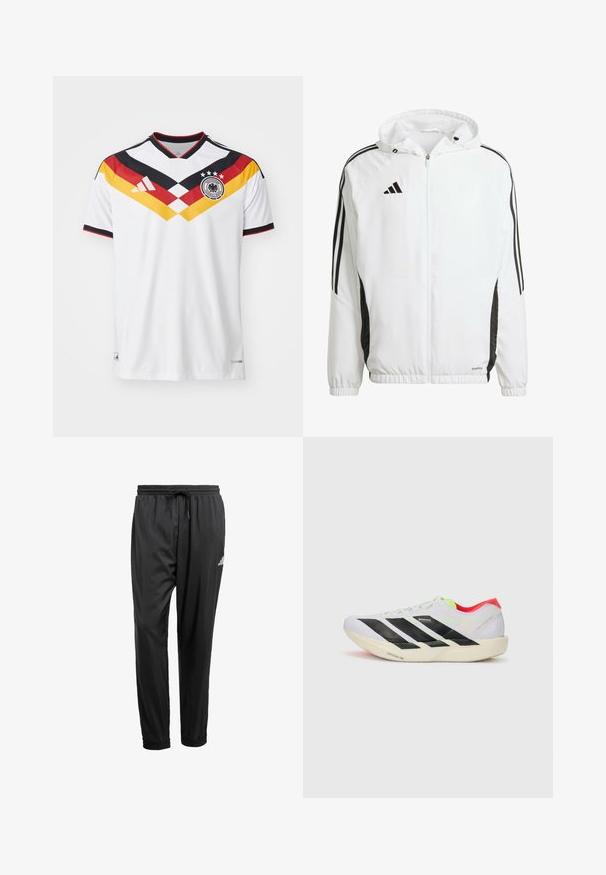 Veste de sport blanche avec capuche, dotée de rayures noires le long des manches et d'un logo Adidas sur la partie supérieure gauche de la poitrine. Poignets élastiques.; Maillot de football blanc avec un col en V, comportant des rayures diagonales noires, rouges et jaunes, un logo d'équipe et un motif texturé.; Pantalons de sport noirs avec taille élastique, cordon de serrage, chevilles resserrées et un petit logo blanc sur la cuisse droite.; Baskets de course blanches avec des rayures noires, des accents vert fluo et un talon rouge. Caractérisées par un design léger et une semelle texturée pour une meilleure adhérence.