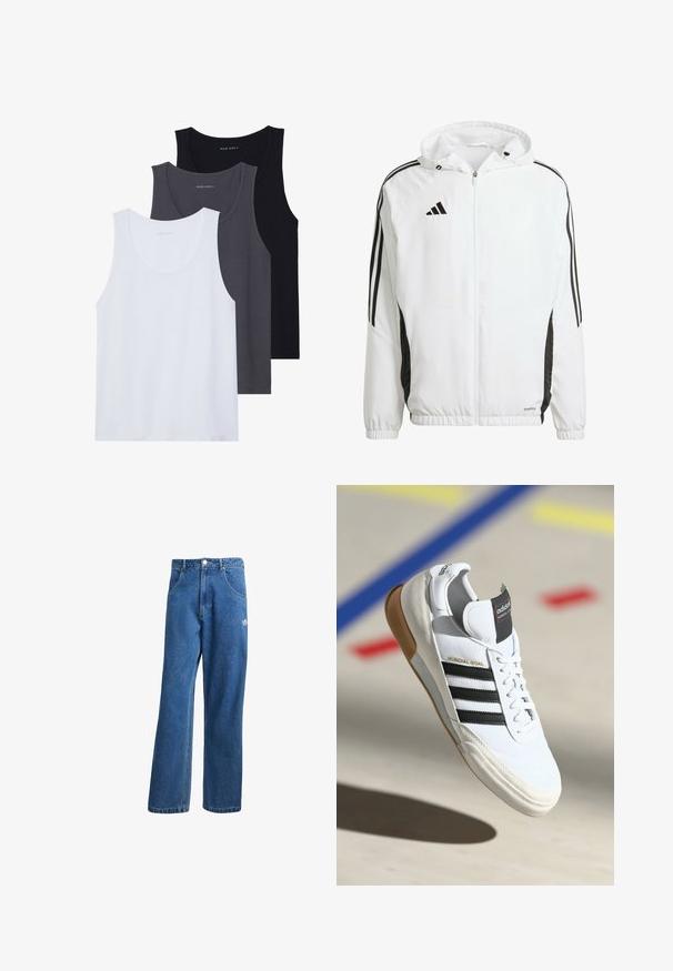 Giacca atletica bianca con cappuccio, caratterizzata da strisce nere lungo le maniche e da un logo Adidas sul lato sinistro del petto. Polsini elasticizzati.; Tre canottiere esposte: una bianca, una grigio scuro e una nera. Realizzate in tessuto morbido con scollature arrotondate e senza motivi prominenti.; Jeans di denim a vita alta e gamba larga blu, con tasche frontali, passanti per cintura, chiusura a bottone e piccolo logo Adidas sulla coscia destra.; Sneaker Adidas Mundial Goal bianca con strisce nere e suola in gomma, mostrata in volo sopra un pavimento di un campo sportivo con linee colorate.