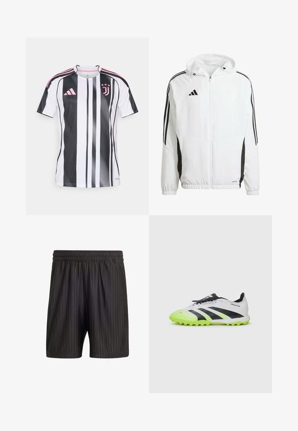 Witte sportjack met capuchon, met zwarte strepen langs de mouwen en een Adidas-logo op de bovenste linkerborst. Elastische manchetten.; Juventus voetbalshirt met verticale zwart-witte strepen, roze accenten op de mouwen en het logo, gemaakt van lichtgewicht, ademend materiaal.; Zwarte shorts met een elastische tailleband, voorzien van verticale streepjes en een lichtgewicht, gestructureerde stof. Lengte tot halverwege de dijen.; Witte en zwarte voetbalschoenen met neon groene accenten. Gelaagd bovenmateriaal, zwarte strepen en gevormde noppen op een contrasterende levendige zool.