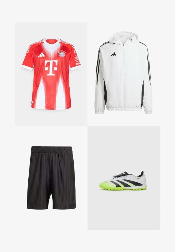 Witte sportjack met capuchon, met zwarte strepen langs de mouwen en een Adidas-logo op de bovenste linkerborst. Elastische manchetten.; Rode en witte voetbalshirt gemaakt van ademend materiaal, met een ronde hals, verticale streepjespatroon, clublogo en sponsorbranding.; Zwarte shorts met een elastische tailleband, voorzien van verticale streepjes en een lichtgewicht, gestructureerde stof. Lengte tot halverwege de dijen.; Witte en zwarte voetbalschoenen met neon groene accenten. Gelaagd bovenmateriaal, zwarte strepen en gevormde noppen op een contrasterende levendige zool.