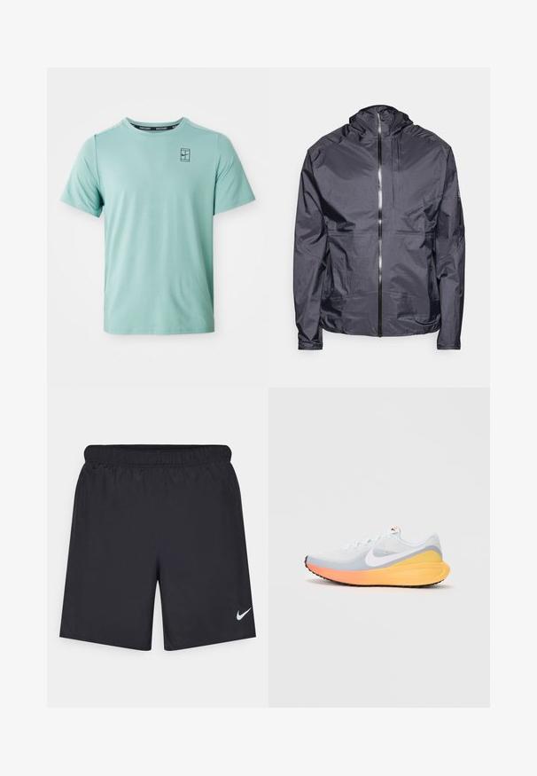 Temno siva lahka jakna s kapuco, sprednjim zadrgo, minimalnimi šivi in enim prsnim žepom, izdelana iz gladkega, vodoodpornega materiala.; Svetlozelena, kratkosleeve atletska majica s okruglim izrezom, koja ima suptilnu teksturu i mali crni Nike logo na grudima.; Črne atletske kratke hlače iz lahkotnega materiala z elastičnim pasom. Imajo majhen bel Nike logo na spodnji levi strani.; Svetlo modra tekaška obutev z zračnim mrežastim zgornjim delom. Ima bel swoosh, srednji del v oranžni in rumeni barvi ter črno podplat za oprijem.