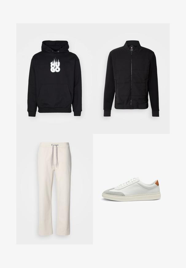 Black bomber jacket featuring a padded torso, solid sleeves, ribbed cuffs, and a front zip closure. Material combines synthetic and cotton blends.; Black hoodie with a front kangaroo pocket and ribbed cuffs. Features a white flame-styled "HUGO" logo on the chest. Cotton blend material.; Cream-colored casual pants with a drawstring waist and straight legs, displayed against a plain white background.; White leather sneakers with gray suede accents and a tan leather heel tab. Features a textured surface and lightweight sole.