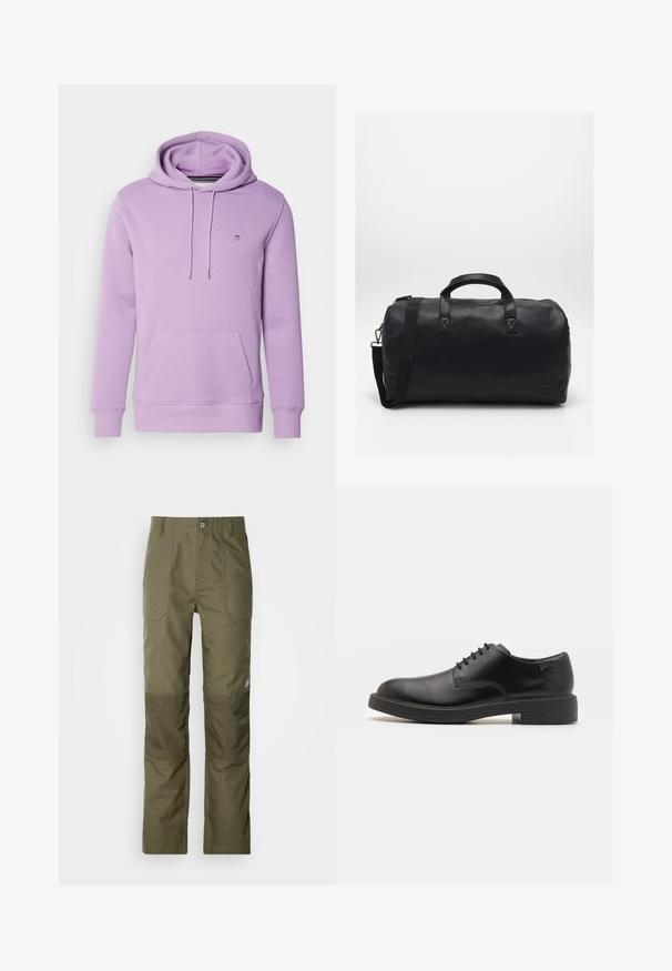 Fekete bomber dzseki párnázott torsóval, egyszínű ujjak, bordás mandzsetták és elöl cipzárral. Az anyag szintetikus és pamut keverékéből készült.; GANT REG SHIELD - Kapucnis pulóver - orchid lilac; Olíva zöld, egyenes szabású nadrág, megerősített térdrészekkel, két elülső zsebbel és gombos derékzárral.; Fekete bőrcipő, kerek orrú, sima felületű, minimális varrással és alacsony gumitalppal. Logó a sarokrészen.; Fekete sporttáska textúrált szintetikus anyagból. Két fogantyúval és állítható vállpánttal rendelkezik. Egyszerű kialakítás, látható minták nélkül.