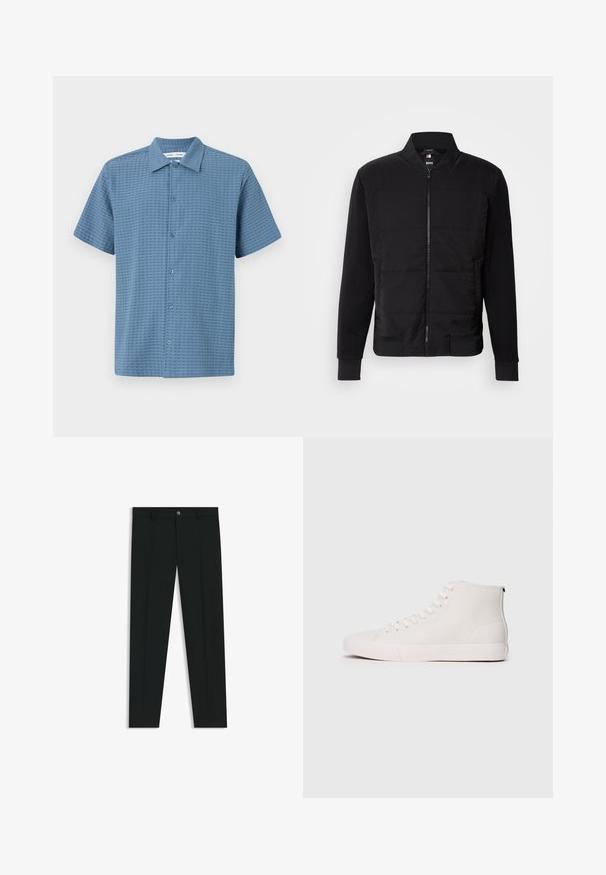 Giacca bomber nera con torace imbottito, maniche in tessuto solido, polsini a coste e chiusura frontale con zip. Il materiale unisce fibre sintetiche e cotone.; Camicia a maniche corte con bottoni di colore azzurro chiaro, in tessuto strutturato, caratterizzata da un motivo a griglia e un colletto classico. Sei bottoni lungo la parte anteriore.; Pantaloni neri in tessuto lisci, con design a gamba dritta. Presentano una chiusura frontale con bottone e passanti per cintura. Senza fantasie.; Sneakers alte in tela bianca con superficie testurizzata, caratterizzati da occhielli bianchi e suola in gomma. Design semplice con cuciture a contrasto.