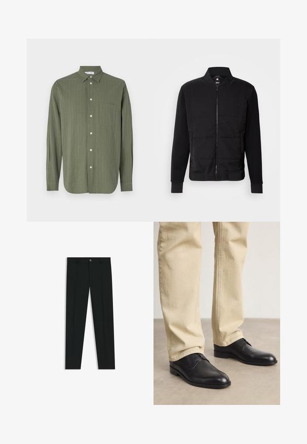 Zwarte bomberjack met een gevoerde torso, stevige mouwen, ribgebreide manchetten en een ritssluiting aan de voorkant. Materiaal is een mix van synthetische vezels en katoen.; Lange mouwen shirt in olijfgroen, gestructureerde stof, knopen aan de voorkant, enkele borstzak en klassieke kraag.; Zwarte dresspants met een recht pasvorm, gemaakt van een gladde stof. Heeft een sluiting met een knoop aan de voorkant en ceintuurlussen. Effen zonder patronen.; Zwarte leren veterschoenen met een ronde neus, een gladde afwerking en subtiele stikdetails, gedragen met lichtbeige broeken.