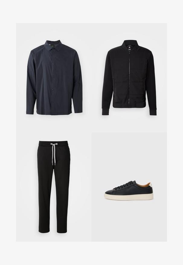 Svart bomberjakke med polstret kropp, ensfargede ermer, ribbestrikkede mansjetter og glidelås foran. Materialet er en blanding av syntetiske og bomullsfibre.; Marineblå skjorte med knappestolpe, krage, lange ermer og teksturert stoff. Har en frontplacket med knapper og en subtil logo-detalj.; Svarte joggebukser laget av myk stoff, med elastisk midjebånd og snøring samt sidelommer. Casual design med rett passform.; Sorte skinnesneakers med en jevn tekstur, beige gummisåle, lisser og en kontrasterende hæl aksent.