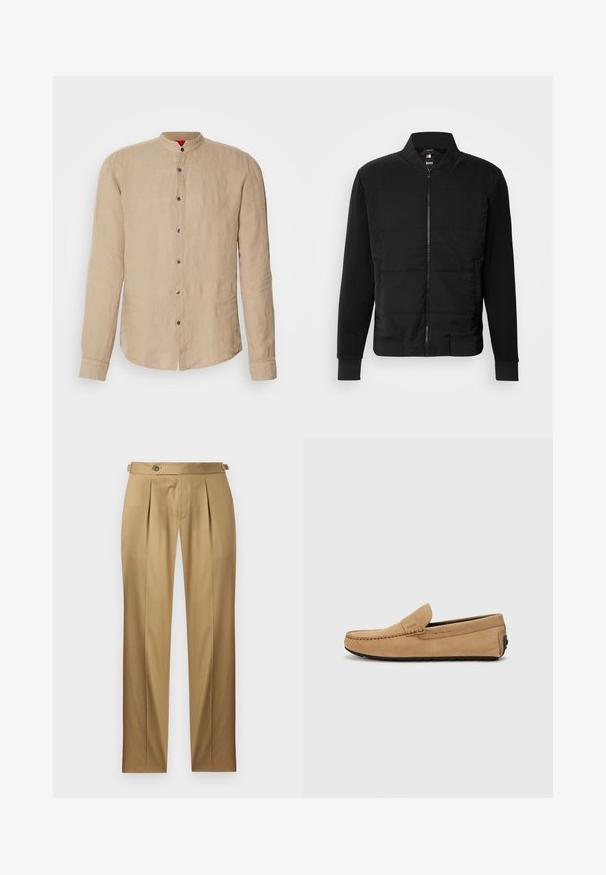 Μαύρα bomber jacket με επενδυμένο κορμό, ενιαία μανίκια, ριμπ μανσέτες και μπροστινό φερμουάρ. Το υλικό συνδυάζει συνθετικές και βαμβακερές ίνες.; Μπεζ πουκαμίσα από λινό με μακριά μανίκια, γιακά μανταρίνι και κουμπί μπροστά. Λείος υφή και διακριτή λάμψη. Στρογγυλή κάτω πλευρά με πλευρικές σχισμές.; Μπεζ παντελόνι με ευθεία γραμμή, σχέδιο με πιέτες, κλείσιμο με κουμπί και θηλιές για ζώνη. Λείο ύφασμα με καθαρή, ραμμένη εμφάνιση.; Μπεζ σουέτ μοκασίνι με ραμμένη μύτη, σχέδιο slip-on και μαύρη καουτσούκ σόλα. Έχει διακριτική σήμανση στο πλάι.