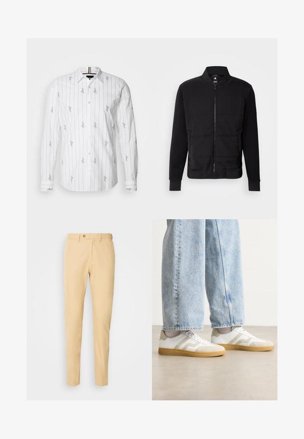 Svart bomberjakke med polstret kropp, ensfargede ermer, ribbestrikkede mansjetter og glidelås foran. Materialet er en blanding av syntetiske og bomullsfibre.; Hvit skjorte med lange ermer, vertikale svarte striper og trykte signaturer. Klassisk krage og knappefront, med et teksturert stoff.; Beige bukser laget av bomull med rett snitt, med knappestolper, belteslynger og sidelommer. Glatt tekstur, uten mønster.; Hvite sneakers med beige semsket skinn-detaljer og lette gummisåler; har et lavt design og teksturdetaljer på overdelen.