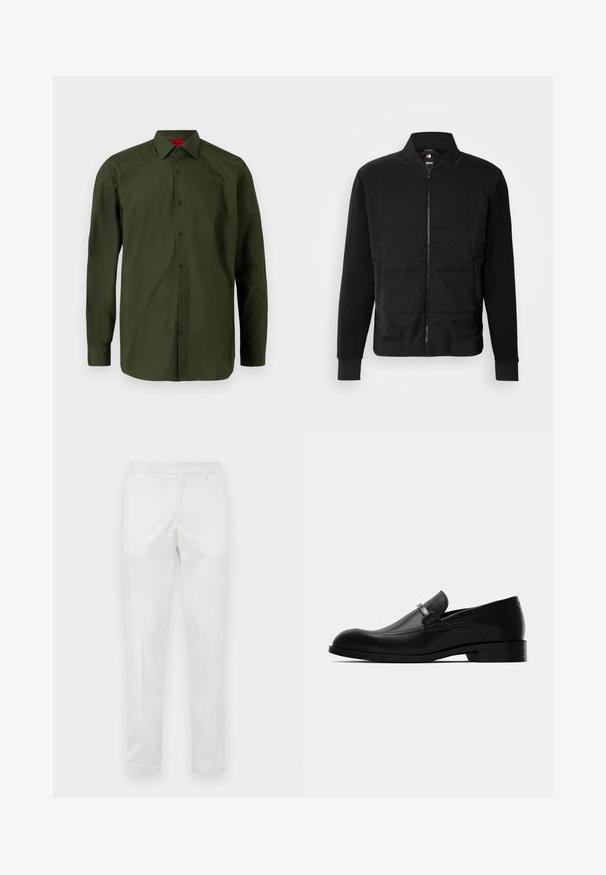 Svart bomberjakke med polstret kropp, ensfargede ermer, ribbestrikkede mansjetter og glidelås foran. Materialet er en blanding av syntetiske og bomullsfibre.; HUGO VALERIO - Finskjorte - dark green; Smalpassende hvite bukser med beltehemper, glidelås foran og sidelommer, vist flatt på en nøytral bakgrunn.; Svart lær herre loafers med metalldetalj, lav hæl og merket såle, vist fra siden på hvit bakgrunn.