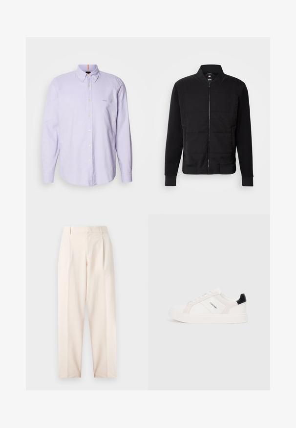 Jachetă bombă neagră cu torace captusit, mâneci solide, manșete ondulate și închidere prin fermoar frontal. Materialul este o combinație de fibre sintetice și bumbac.; Cămașă button-up de culoare mov deschis, cu mâneci lungi, guler și o branding subtil pe piept, având o textură netedă și butoane albe.; Pantaloni bej croiți, cu talie înaltă, plisuri și un design drept. Realizați dintr-un material neted, cu buzunare laterale și un finisaj curat.; Tenesi albi cu detalii roz deschis și negre, având panouri din piele netedă și suede, vârf rotund și talpă plată din cauciuc.
