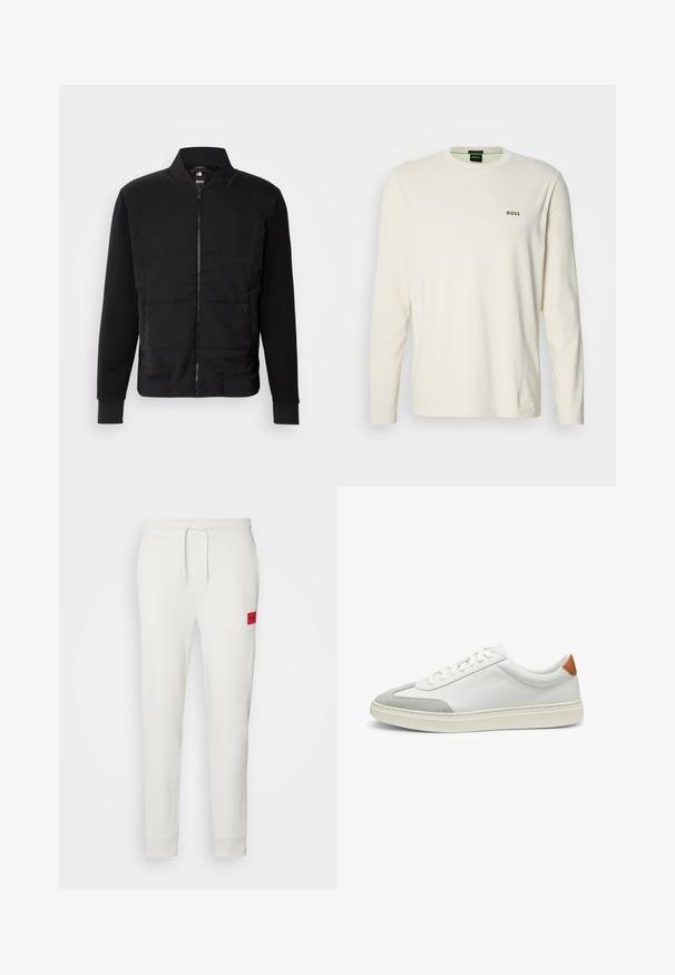 Sort bomberjakke med polstret torso, ensfarvede ærmer, ribbede manchetter og lynlås foran. Materialet er en blanding af syntetiske fibre og bomuld.; Langærmet cremefarvet t-shirt lavet af bomuld, med rund hals, og et lille sort "BOSS" logo på brystet. Glat, letvægtsstof.; HUGO DOAK - Træningsbukser - natur; Hvide lædersneakers med grå ruskindsdetaljer og en tan læderhæltap. Har en struktureret overflade og en let sål.