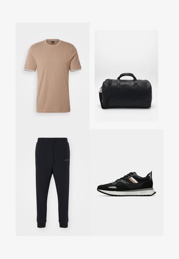 Melna bomber jaka ar mīkstu torso, vienkrāsainām piedurknēm, ribotām aprocēm un priekšējo rāvējslēdzēju. Materiāls apvieno sintētiskās un kokvilnas šķiedras.; BOSS THOMPSON - Pamata T-krekls - open beige; Melnas sporta bikses, izgatavotas no mīksta materiāla ar elastīgu jostasvietu, auklu un sašaurinātām kājām. Iekļauta arī maza emblēma sānos.; Melnas skrienamās kurpes ar teksturētu virsmu, gaiši pelēkiem akcentiem un trim horizontālām svītrām brūnā krāsā. Iespējo baltu polsterētu zoli.; Melna sporta soma, izgatavota no teksturēta sintētiska materiāla. Iekļauj divas rokturus un regulējamu plecu siksnu. Vienkāršs dizains bez redzamām rakstu zīmēm.