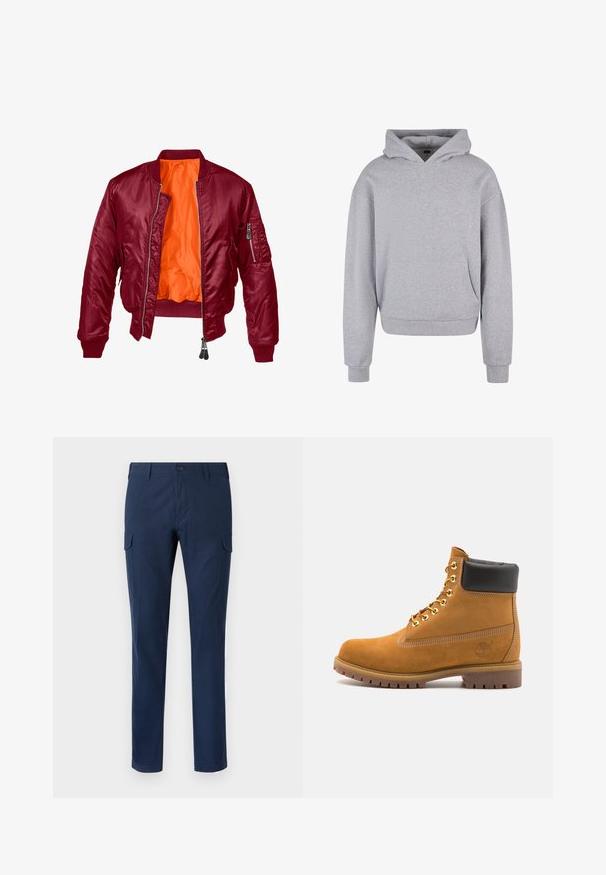 Burgundská bomber bunda so zipsom vpredu, rebrovanými manžetami a oranžovým vnútrom. Obsahuje zipsovú kapsu na ľavom rukáve. Hladká textúra.; Sivá bavlnená mikina s kapucňou, prednou vreckom, šnúrkami na kapucňu a rebrovanými manžetami a lemami. Má jemný, textúrovaný povrch.; Námornícke cargo nohavice vyrobené z bavlny, s bočnými vreckami, zapínaním na gombík, rovným strihom a hladkou textúrou.; Tyrkysové semišové členkové topánky s čiernym polstrovaným golierom, zlatými kovovými očkami, bielym prešívaním a robustnou gumovou podrážkou s výraznými drážkami.