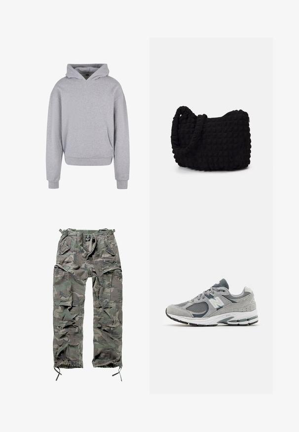 Burgundia bombersärk, millel on lukk ees, soonikkoesed mansetid ja oranž sisemus. Vasakul varrukal on lukuga tasku. Sile tekstuur.; Hallhalli hallhüüe, millel on eesmine tasku, nööriga kapuuts ja ribadega varrukad ning allääre. Omab pehmet, struktureeritud viimistlust.; Roheline ja hall kamoflaažiga cargo pükste komplekt, millel on mitu taskut, elastne vöökoht, reguleeritavad pahkluue sääred ja mugav lõige.; Hallide hallid, mis on valmistatud võrkkangast ja nahast, valge logo, pehme krae ja tekstuurse kummitaldega. Tumeda halli aksentidega.; Must mustkott, millel on tekstuuriga tikitud muster. Ümar kuju, lühikesed ja jämedad sangad ning pehme, paindlik struktuur.