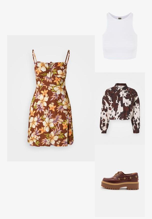 Kreminė trumpoji palaidinė su ryškiais rudais ir juodais abstrakčiais taškais. Savinasi apykaklę ir vieną krūtinės kišenę. Tekstūruotas audinys.; Ruda gėlių suknelė su reguliuojamomis spaghetti petnešėlėmis, turinti raištelio detalę ties krūtine. Gėlių raštai geltonos, oranžinės ir purpurinės spalvų.; Baltos raukšlės trumpa tankų viršus su plačiomis petnešėlėmis ir apvaliu iškirpimu. Pasižymi minkšta tekstūra ir minimalistiniu dizainu be raštų.; Ruda odinė valtinė avalynė su masyviu ruduo guminiu padu, auksiniais akių tvirtinimais ir kontrastinga siuvimo linija. Ant šono yra logotipas.