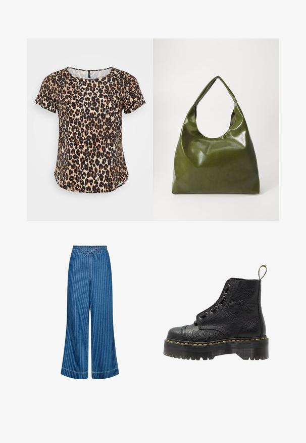 Krátka košeľa v krémovej farbe s výraznými hnedými a čiernymi abstraktnými škvrnami. Obsahuje golier a jednu náprsné vrecko. Textúrovaná látka.; Tielko s krátkym rukávom s leopardím vzorom, ktoré má okrúhly výstrih a jemne zakrivený lem. Vyrobené z mäkkého materiálu s textúrovaným povrchom.; Modré denimové nohavice s širokými nohavicami a bielymi vertikálnymi pruhmi. Majú elastický pás so sťahovaním a hladkú textúru. Viditeľné jemné švy.; Čierna kožená členková čižma s textúrovaným povrchom, okrúhlou špičkou, šnurovacím dizajnom, žltým prešívaním a hrubou, zúženou čiernou platformou.; Zelená kožená hobo taška so uvoľneným dizajnom, zakriveným držadlom a hladkým povrchom. Neobsahuje žiadne viditeľné kovania ani akcenty.