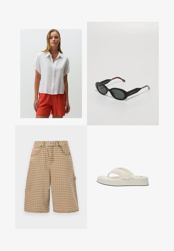Gekürztes Shirt in Creme mit auffälligen braunen und schwarzen abstrakten Flecken. Verfügt über einen kragenförmigen Ausschnitt und eine einzelne Brusttasche. Strukturierter Stoff.; Weißes Leinenhemd mit kurzen Ärmeln, Knopfleiste, abgerundetem Saum und seitlichen Schlitzen, kombiniert mit leuchtend orangefarbenen Leinenkurzen.; BDG Urban Outfitters CHECK NICOLA JORT - Shorts - beige; Beige Flip-Flop mit einem Obermaterial aus strukturiertem Stoff, zwei Riemen und einer flachen, gepolsterten Sohle mit schwarzer Laufsohle. Einfaches, minimalistisches Design.; Schwarze ovale Sonnenbrillen mit dunklen Gläsern; dicke Rahmen, strukturierte Bügel und goldenes Signaturdetail. Braune Akzente an den Schläfen.