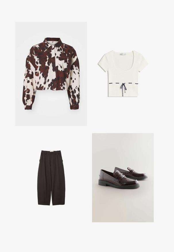 Gekürztes Shirt in Creme mit auffälligen braunen und schwarzen abstrakten Flecken. Verfügt über einen kragenförmigen Ausschnitt und eine einzelne Brusttasche. Strukturierter Stoff.; Weißes gestricktes Oberteil mit Rundhalsausschnitt und kurzen Ärmeln. Mit dunkelblauer Kordelzug-Detaillierung an der Taille und horizontalen Akzentlinien.; Schwarze weit geschnittene Hosen aus einem glatten Stoff, mit hoher Taille, Frontfalten und Seitentaschen. Schlichtes Design ohne Verzierungen.; Burgunderfarbene Lackleder-Slipper mit abgerundeter Spitze, gepolstertem Fußbett und schwarzer Gummisohle. Mit einem dekorativen Riemen über der Vorderseite.
