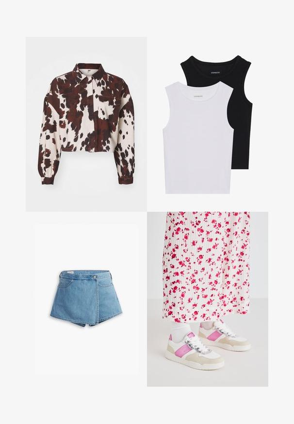 Gekürztes Shirt in Creme mit auffälligen braunen und schwarzen abstrakten Flecken. Verfügt über einen kragenförmigen Ausschnitt und eine einzelne Brusttasche. Strukturierter Stoff.; Zwei ärmellose Oberteile in Schwarz und Weiß, aus geripptem Baumwollstoff, mit runden Ausschnitten und einem taillierten Design. Etiketten auf beiden sichtbar.; Hellblaue Jeansshorts mit Wickeldesign, Fronttaschen und Metallknopfverschluss. Glatte Textur mit genähten Kanten.; Weiße und rosa Sneaker mit einem Akzent aus grauem Wildleder, ausgestattet mit einer glänzenden Schnürung und einem rosa Seitenpanel, kombiniert mit einem langen, plissierten Rock mit floralem Muster.
