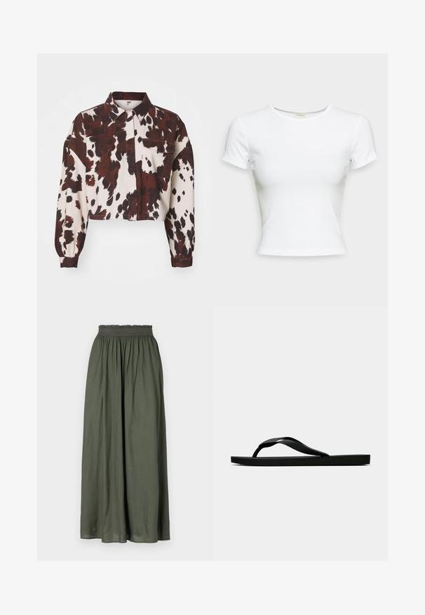 Camisa recortada en color crema con audaces manchas abstractas en marrón y negro. Cuenta con un cuello de camisa y un solo bolsillo en el pecho. Tela texturizada.; Camiseta blanca de manga corta hecha de tejido de algodón suave. Presenta un escote redondo simple y un corte ajustado. Sin patrones ni acentos.; Falda maxi verde oscuro hecha de tela ligera, que cuenta con una cinturilla elástica fruncida y un diseño fluido con pliegues.; Chancla de goma negra con una tira de dedo texturizada y una suela plana sencilla, vista de lado sobre un fondo claro y liso.