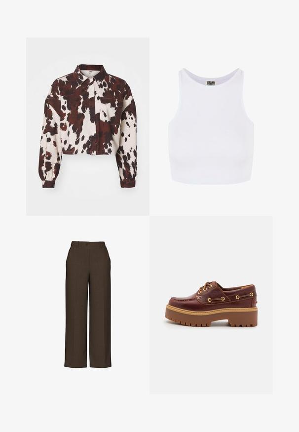 Krátká košile v krémové barvě s odvážnými hnědými a černými abstraktními skvrnami. Má límeček a jednu náprsní kapsu. Texturovaná tkanina.; Bílý žebrovaný krátký top s širokými ramínky a kulatým výstřihem. Má jemnou strukturu a minimalistický design bez vzorů.; Hnědé široké kalhoty z texturované tkaniny, s knoflíkovým zapínáním, strukturovaným pasem a vyžehlenými záhyby vpředu.; Hnědé kožené boty na lodi s robustní hnědou gumovou podrážkou, zlatými očky a kontrastním prošíváním. Na boku se nachází logo.