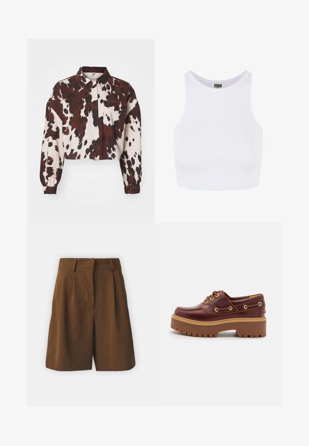 Kuttet skjorte i kremfarge med sterke brune og svarte abstrakte flekker. Har en krage og en enkelt brystlomme. Strukturert stoff.; Hvit ribbestrikket crop tank topp med brede skulderstropper og rund halsutskjæring. Har en myk tekstur og minimalistisk design uten mønstre.; VILA VIEMLA - Shorts - dachshund; Brune lærbåtsko med en kraftig brun gummisåle, gulløyer og kontraststing. Har en logo på siden.