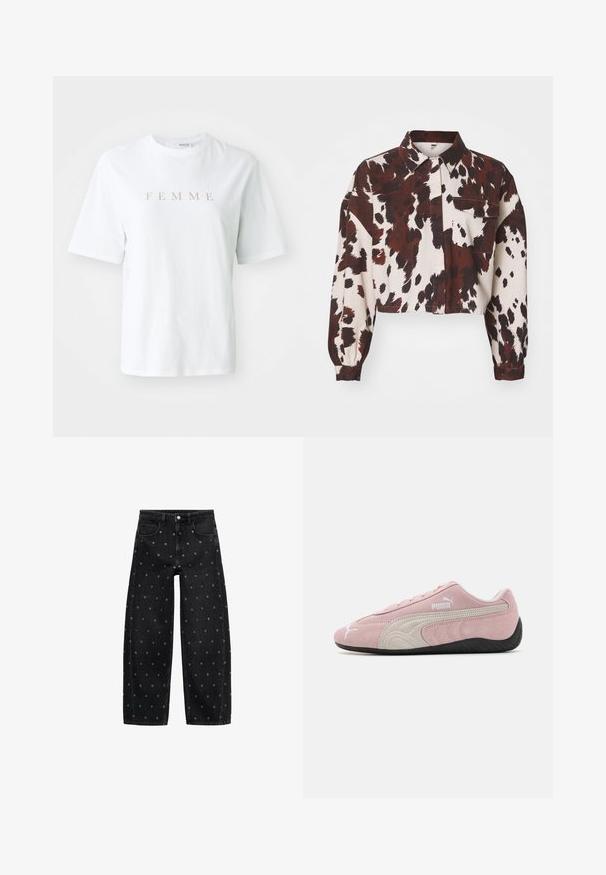 Krčen srajca v kremni barvi z drzno rjavimi in črnimi abstraktnimi madeži. Ima ovratnik in en žep na prsih. Teksturirana tkanina.; Bela bomba majica s kratkimi rokavi, ki na prsih nosi besedo "FEMME" v zlati barvi, okroglo ovratnico in sproščen kroj.; Črne široke kavbojke iz denima z vzorcem manjših srebrnih gromet, klasičnega pet-pocket dizajna in sprednjim zapiranjem na gumb.; Roza semiš športni copat z sivo obrobo, poenostavljen dizajn, teksturirana zgornjega dela in črn gumijast podplat. Na strani ima znak Puma.
