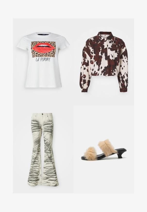 Korte skjorte i gør med markante brune og sorte abstrakte pletter. Har en krave og en enkelt brystlomme. Struktureret stof.; Hvid bomulds t-shirt med et grafisk motiv af røde læber og et baggrund i leopardtryk, med teksten "LA FEMME" nedenfor i sort. Korte ærmer.; Lysfarvede flared jeans med teksturerede sorte vandrette striber og krøllede detaljer, der har forlommer og metalknaplukning.; Sort slidssandal med to beige faux fur pom poms, lav kitten heel, glat overflade og åben tå-design.
