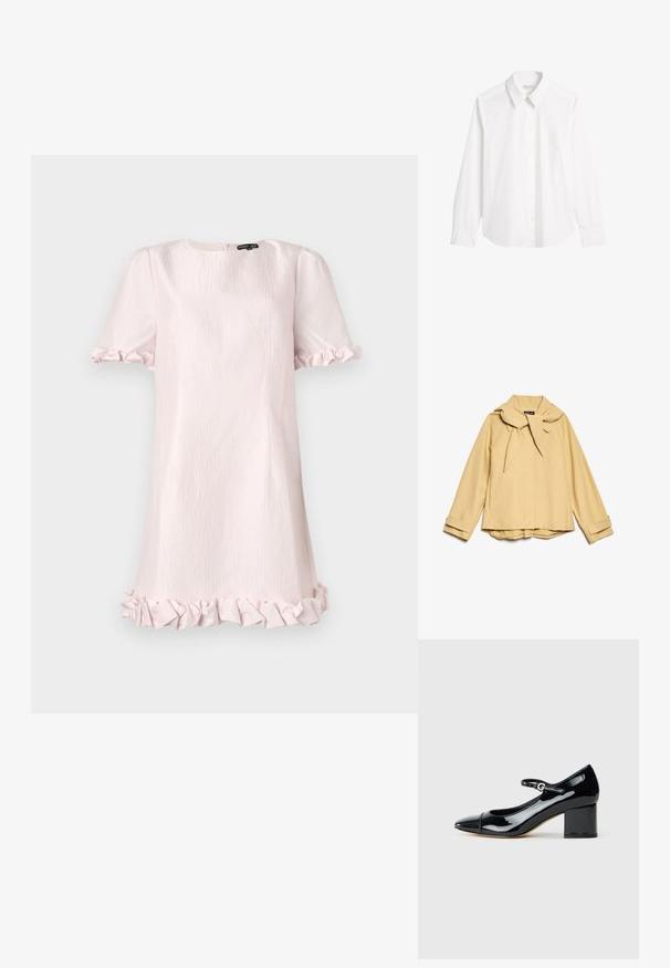 Lichtgele jas met een grote strik kraag, lange mouwen en omslagmanchetten. Gemaakt van een gladde stof met een gestructureerde pasvorm en minimale details.; Witte lange mouwen blouse van glad katoen. Heeft een puntige kraag, knoopsluiting en een afgeronde zoom met knoopmanchetten.; Korte roze jurk van een gestructureerde stof, met korte pofmouwen en een gerimpelde zoom. Eenvoudige ronde halslijn met een verborgen rits aan de achterkant.; Zwarte patenten leren Mary Jane-schoen met blokhak en gespsluiting, zijaanzicht op een witte achtergrond.