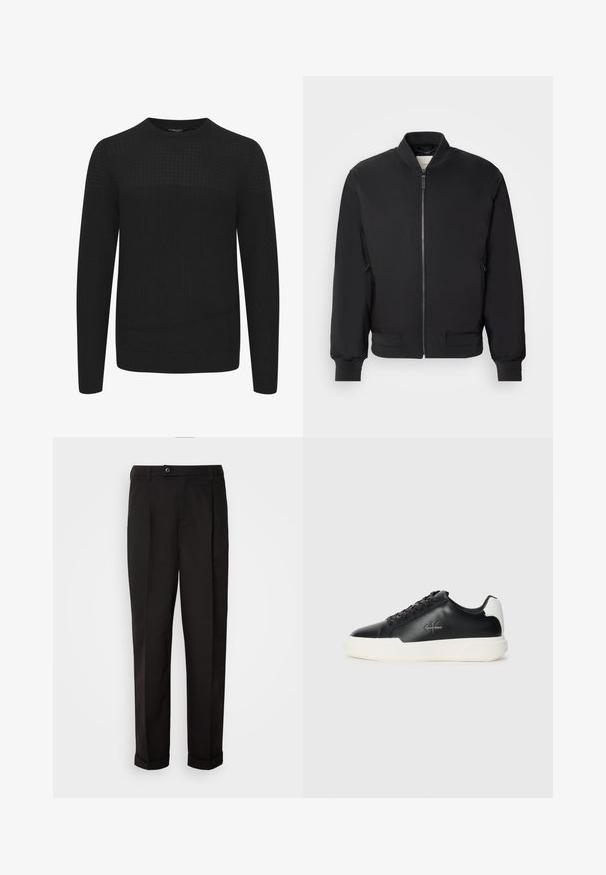 Schwarze Bomberjacke mit durchgehendem Reißverschluss, geripptem Kragen und Bündchen sowie Seitentaschen; aus glattem, leichtem Stoff gefertigt.; Schwarzer Strickpullover mit Rundhalsausschnitt, ausgestattet mit einem strukturierten Oberteil und gerippten Bündchen und Saum. Hergestellt aus einem weichen, warmen Stoff.; Schwarze Hose mit glatter Textur, gerade geschnitten, zwei Fronttaschen und einem einzigen Knopfverschluss an der Taille.; Schwarze Ledersneaker mit weißer Gummisohle. Merkmale sind eine runde Zehenpartie, ein Schnürdesign und ein Logo-Detail an der Seite. Rückseitiger Akzent in Weiß.
