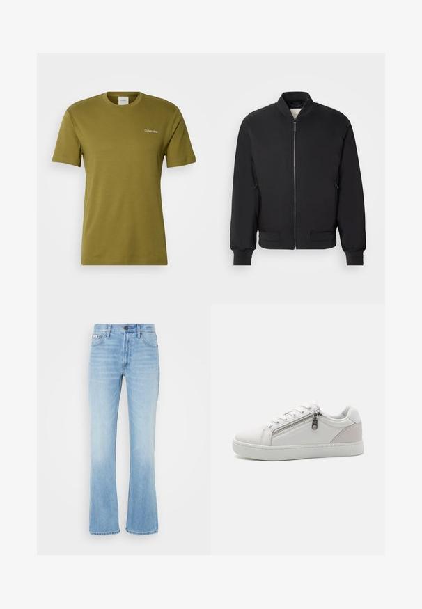 Musta pommikauppajakku, jossa on vetoketjukiinnitys edessä, ribatusta kauluksesta ja hihansuista sekä sivutaskuista; valmistettu sileästä, kevyestä kankaasta.; Oliivinvihreä puuvillainen t-paita, jossa on lyhyet hihat, pyöreä kaula-aukko ja pieni valkoinen Calvin Kleinin logo vasemmassa rinnassa.; Vaaleansiniset farkut, joissa on levenevät lahkeet, haalistunut pinta, viisi taskua, vyölenkit ja napitettava suljenta vyötäröllä.; Valkoinen sneaker, jossa on sileä nahkamateriaali, kontrastoiva beige mokkanahka-akseli kantapäässä ja vetoketjukiinnitys sivussa.