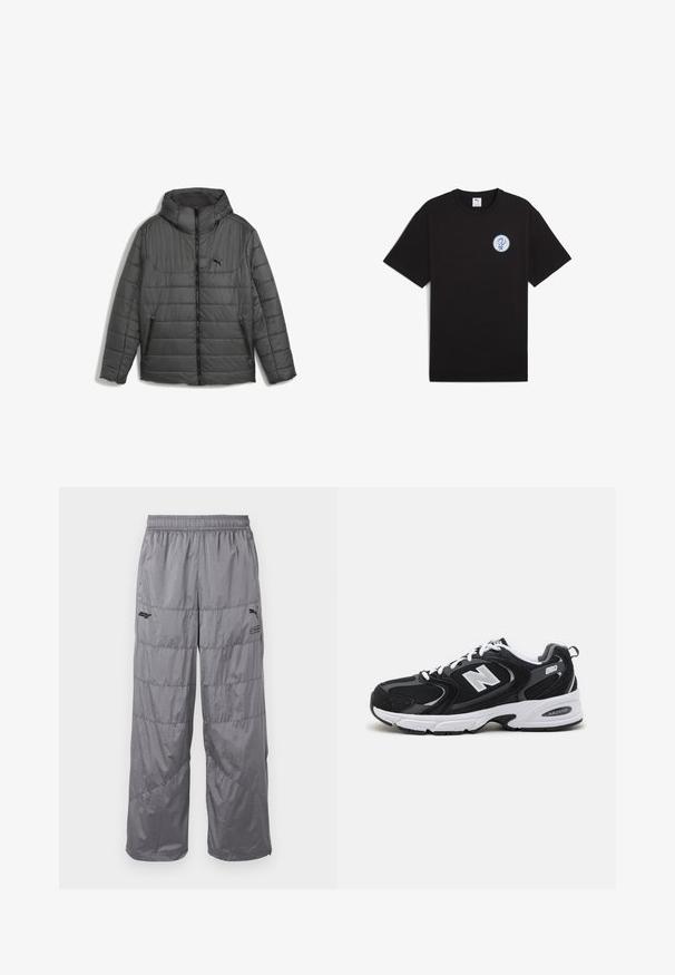Kurtka puchowa, ciemnoszara, z poziomym przeszyciem, zapięcie na zamek z przodu, dwie boczne kieszenie na zamek błyskawiczny oraz kaptur. Posiada logo na klatce piersiowej.; Czarna bawełniana koszulka z krótkim rękawem, okrągłym dekoltem i niebieskim logo na wysokości lewej piersi. Gładka struktura i luźny krój.; Szalowe szare spodnie puchowe z elastycznym pasem, charakteryzujące się pikowanym wzorem i małym czarnym logo na lewej udzie. Lekki materiał.; Czarno-szare buty sportowe z siateczki i zamszu, z białą podeszwą środkową, sznurowadłami oraz wyrazistym logo "N" po boku.