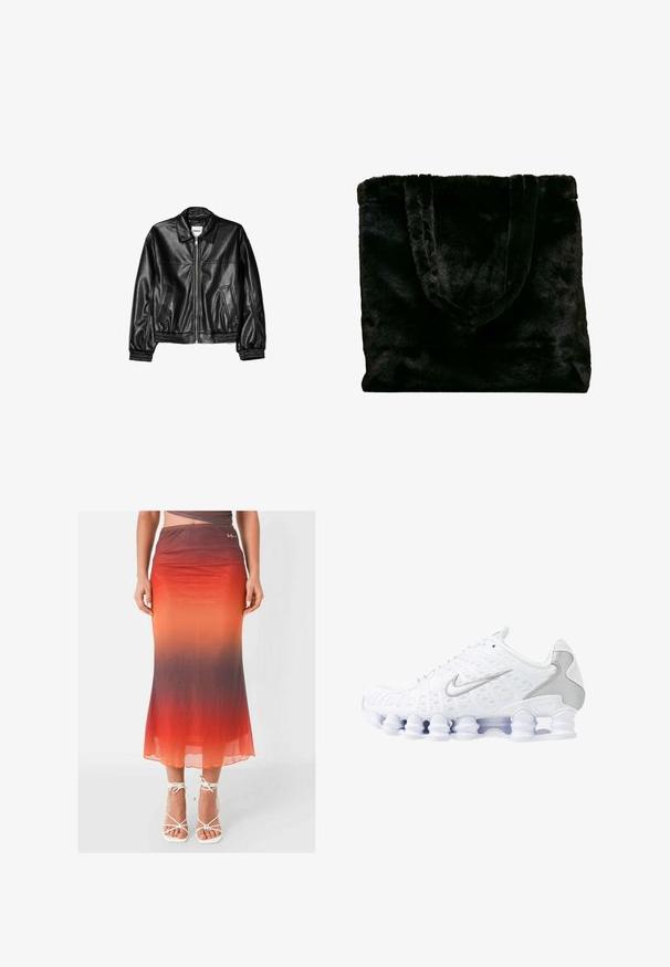 Czarna skórzana kurtka z zamkiem z przodu, kołnierzykiem typu point i elastycznymi mankietami. Posiada dwie boczne kieszenie oraz gładkie, błyszczące wykończenie.; Szara krótka bluza z kapturem, wykonana z miękkiego materiału. Posiada regulowany kaptur, szerokie rękawy oraz małe logo z przodu.; Długa, dopasowana spódnica w gradiencie od pomarańczu do czerwieni, wykonana z lekkiego, przezroczystego materiału. Zdobiona małym logo na talii.; Białe buty sportowe z siateczkową cholewką, srebrnymi akcentami i unikalnym designem podeszwy w postaci cewki. Posiadają wyściełany kołnierz oraz zapięcie na sznurowadła dla lepszego dopasowania.; Czarna torba tote z sztucznego futra o miękkiej teksturze. Posiada dwa mocne uchwyty i otwarty design, odpowiednia do różnych zastosowań.