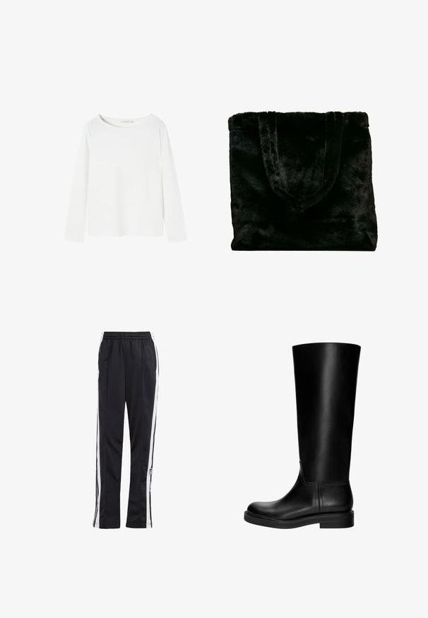 Zwarte leren jas met een ritssluiting aan de voorkant, puntkraag en elastische mouwen. Bevat twee zijzakken en heeft een gladde, glanzende afwerking.; Witte lange mouwen top van zacht materiaal, met een ronde halslijn, een eenvoudig ontwerp, en zonder zichtbare patronen of accenten.; Zwarte trainingsbroek met witte zijstrepen, elastische tailleband en een logo-patch. Gemaakt van gladde, lichte stof. Ontwerp met rechte broekspijpen.; Zwarte leren kniehoogte laars met een gladde textuur, ronde neus, ingetogen design en een lage blokhak. Geen zichtbare hardware of patronen.; Zwarte nepbont schoudertas met een zachte textuur. Voorzien van twee stevige handvatten en een open ontwerp, geschikt voor diverse toepassingen.