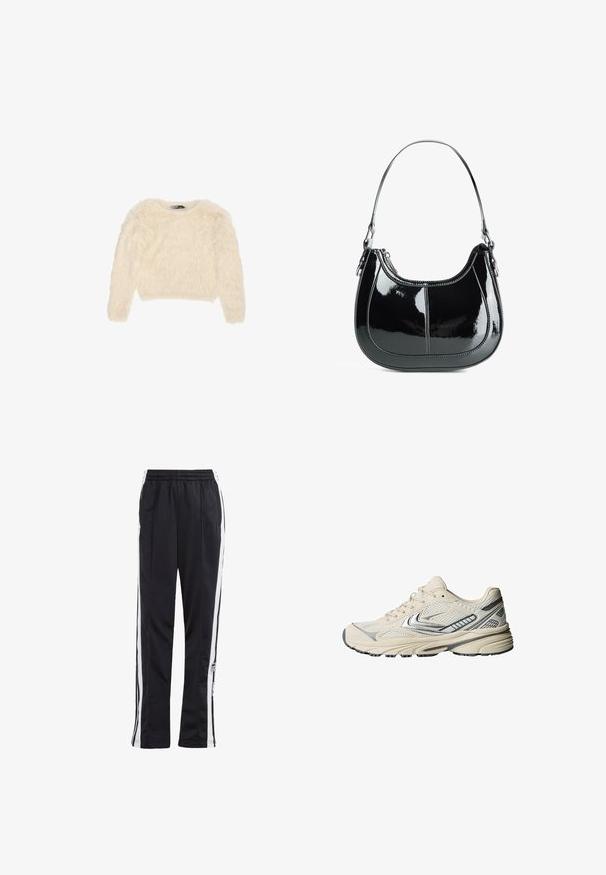 Giubbotto in pelle nera con chiusura a zip sul davanti, colletto a punta e polsini elastici. Presenta due tasche laterali e una finitura liscia e lucida.; Maglione corto color crema con una texture morbida e soffice e maniche lunghe. Presenta un collo rotondo e una vestibilità comoda.; Top tank bianco a costine con scollatura a barco e spalline larghe. Tessuto morbido e orli cuciti. Design semplice e aderente.; Pantaloni sportivi neri con strisce laterali bianche, cinturino elastico e patch con logo. Realizzati in tessuto morbido e leggero. Design a gamba dritta.; Scarpa sportiva color crema con tomaia in mesh, dettagli argentati e suola in gomma strutturata. Progettata per comfort e stabilità.; Borsa a mano in pelle verniciata nera, con design curvo, chiusura con zip e un solo manico a spalla caratterizzato da hardware e cuciture in tono argento.