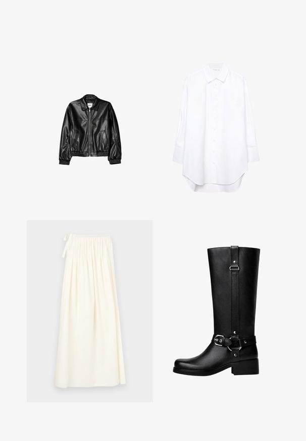 Veste en cuir noire avec fermeture éclair sur le devant, col pointu et poignets élastiques. Dispose de deux poches latérales et d'une finition lisse et brillante.; Chemise blanche à manches longues avec un col pointu et un ourlet arrondi, présentée sur un fond uni.; Bustier noir avec bretelles spaghetti réglables, présentant un motif en léopard texturé et un design structuré à panneaux.; Jupe longue de couleur crème en tissu léger ; elle possède une taille élastique avec un lien et un design fluide avec une texture minimale.; Bottes noires en cuir synthétique, avec un bout rond, des détails de boucle de ceinture accentués et un talon épais. Texture lisse et couture verticale sur la tige.