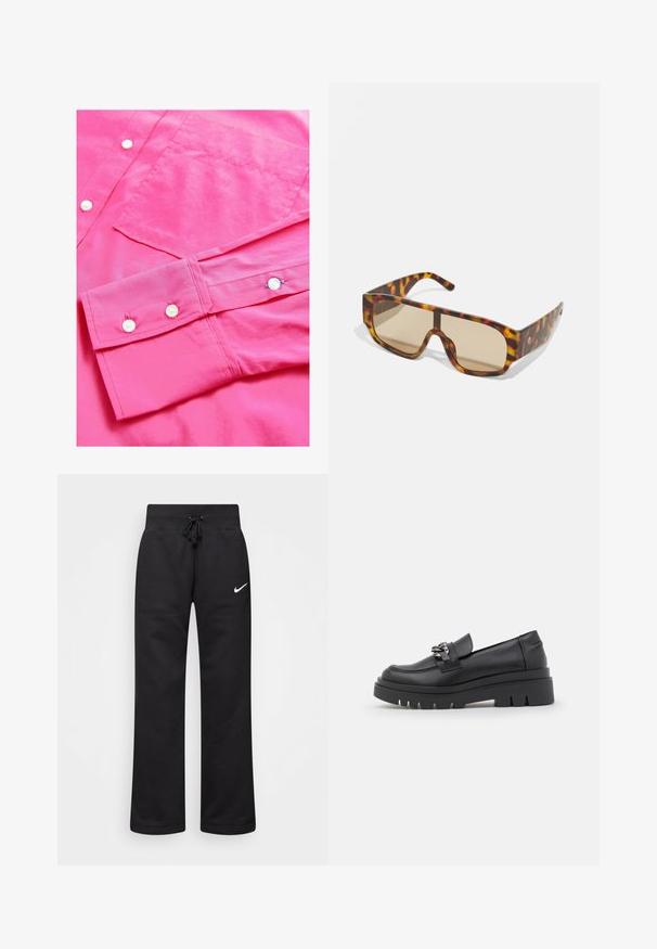 Černá kožená bunda s předním zipem, špičatým límcem a elastickými manžetami. Obsahuje dvě boční kapsy a hladký, lesklý povrch.; Světlá růžová košile na knoflíky s hladkou texturou, bílými knoflíky a kapsou na prsou. Rukáv obsahuje dva knoflíky s kontrastním prošíváním.; Černé tepláky vyrobené z bavlněné směsi, s elastickým páskem na šňůrku, rovnými nohavicemi a bílým logem Nike na levé straně.; Černá loafers stylová bota s robustní platformou, hladkým koženým svrškem, dekorativním řetízkovým akcentem a mírným podpatkem s výřezem.; Sluneční brýle s robustním rámem v želvovinovém vzoru v odstínech hnědé a oranžové, s velkými hnědě zabarvenými čočkami a elegantním designem.; Černá taška z umělé kožešiny s měkkou texturou. Obsahuje dva pevné uši a otevřený vršek, vhodná pro různé použití.
