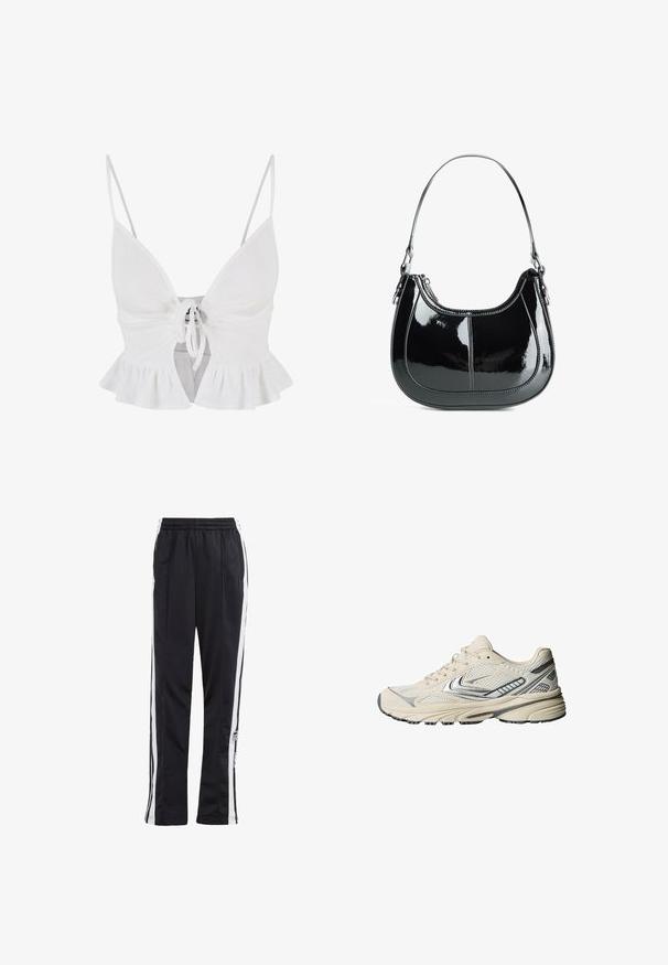 Fekete bőrkabát, elöl cipzárral, hegyes gallérral és rugalmas mandzsettákkal. Két oldalsó zsebbel rendelkezik, sima, fényes felülettel.; Fehér bordázott crop top állítható pántokkal, elöl megkötős záródással és fodros szegéssel. Puha tapintású és testhez simuló fazon.; Fekete sportnadrág fehér oldalcsíkokkal, rugalmas derékkal és logópárral. Simább, könnyű anyagból készült. Egyenes szárú kialakítás.; Krém színű sportcipő hálós felsőrésszel, ezüst díszítésekkel és texturált gumitalppal. Kényelmet és stabilitást biztosít.; Fekete lakk bőr kézitáska ívelt kialakítással, cipzáras záródással és egyetlen vállpánttal, ezüstszínű fémrészletekkel és varrási díszítéssel.