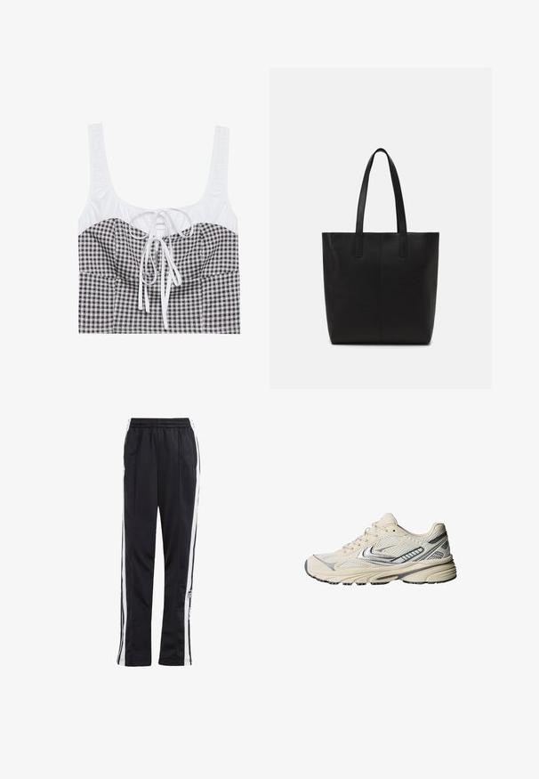 Sort læderjakke med lynlås foran, spids krave og elastiske ærmer. Har to sidelommer og en glat, blank overflade.; Sort og hvid ternet cropped top med en struktureret hvid overdel, firkantet udskæring og justerbar snor i midten. Har brede stropper.; Sorte træningsbukser med hvide sidelister, elastisk talje og et logo-patch. Fremstillet af glat, letvægtsstof. Lige ben design.; Kremfarvet sportssko med en mesh-overdel, sølvfarvede detaljer og en tekstureret gummisål. Designet til komfort og stabilitet.; Sort tote taske lavet af tekstureret materiale, med to lange håndtag og et enkelt, minimalistisk design uden synligt hardware.