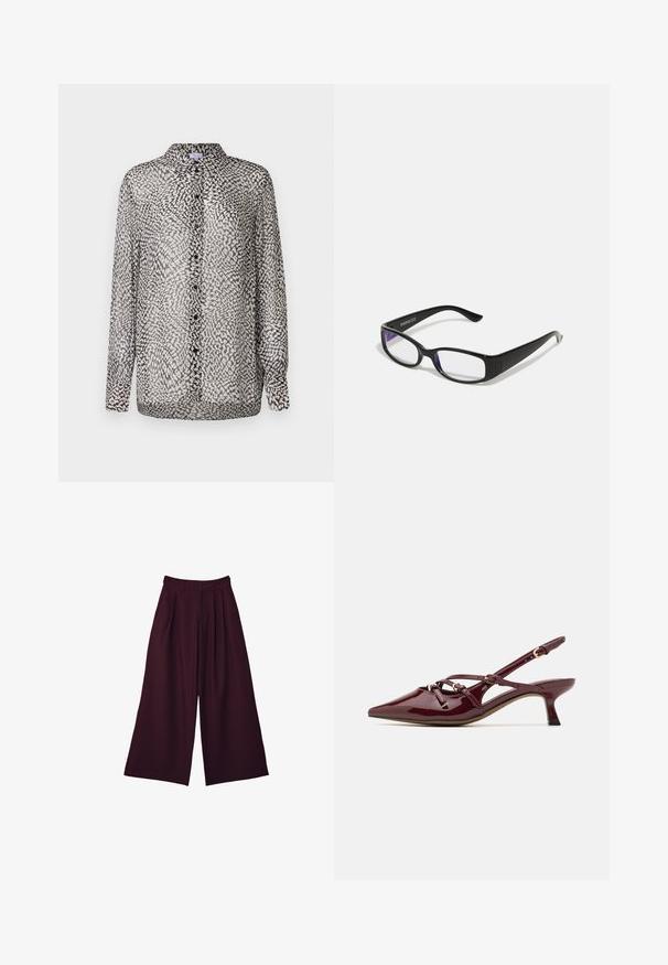 Črna usnjena jakna z zadrgo spredaj, s točkovnim ovratnikom in elastičnimi manšetami. Ima dve stranski žepi in gladko, sijočo površino.; Prosojna črna in bela bluza z gumbom spredaj, dolgimi rokavi in abstraktnim vzorcem z raznolikimi teksturami.; Široke hlače iz globoko burgundskega blaga, ki imajo nastavljene gube, visok pas in dve stranski žepi za uporabnost in stil.; Burgundska lakasta slingback obuća s špicastim nosom, malim petama, dekorativnim detaljima remena i sjajnim završetkom.; Črne pravokotne očala z prozornimi lečami. Sijajna površina, ožje ročke in vijolična barva, vidna na robovih leč.