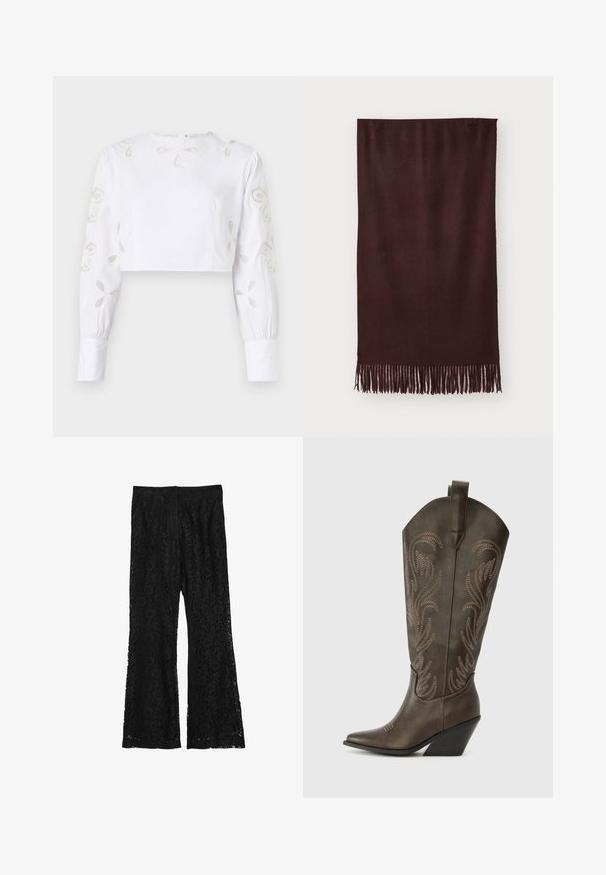 Giubbotto in pelle nera con chiusura a zip sul davanti, colletto a punta e polsini elastici. Presenta due tasche laterali e una finitura liscia e lucida.; Blusa bianca corta caratterizzata da maniche lunghe con decorazioni di ricami floreali in un sottile filo beige. Tessuto dalla texture liscia.; Calliope Pantaloni - ultrablack; Stivale da cowboy in pelle marrone con punta affusolata, tacco a cuneo e ricami decorativi. Presenta un'asta alta e una linguetta per facilitare l'indossamento.; Sciarpa marrone scura realizzata in tessuto morbido, caratterizzata da una texture liscia e lunghe frange sull'orlo per un tocco di dettaglio. Forma rettangolare, si drappeggia piatta.; Pepe Jeans GRACEY - Borsa a mano - burgundy red