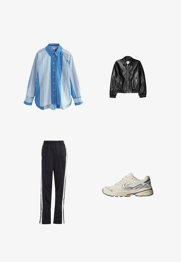 Crna kožna jakna s prednjim patentnim zatvaračem, oštrim ovratnikom i elastičnim manžetama. Ima dva bočna džepa i glatku, sjajnu površinu.; Prugasta dugmadna košulja u plavoj i bijeloj boji s dugim rukavima, opuštenog kroja, jednim džepom na prsima i kontrastnim uzorcima na rukavima i tijelu.; Bijela rebrasta majica na bretelama s okruglim izrezom i širokim trakama. Mekani materijal i šivani rubovi. Jednostavan, usko krojen dizajn.; Crne trenirke s bijelim bočnim trakama, elastičnim pojasom i logotipom. Izrađene od glatkog, laganog materijala. Ravni kroj nogavica.; Atletska cipela krem boje s mrežastim gornjim dijelom, srebrnim detaljima i teksturiranim gumenim potplatom. Dizajnirana za udobnost i stabilnost.