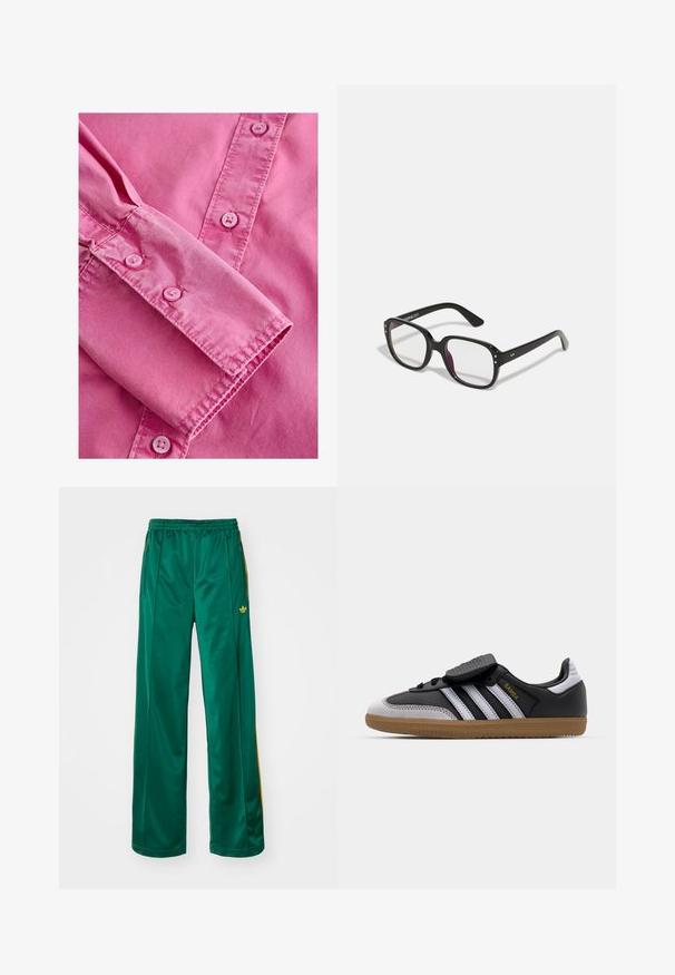 Crna kožna jakna s prednjim patentnim zatvaračem, oštrim ovratnikom i elastičnim manžetama. Ima dva bočna džepa i glatku, sjajnu površinu.; Roza majica dugih rukava s dugim rukavima, koja ima glatku teksturu i odgovarajuće svijetlo roze gumbe duž prednjeg dijela.; Zelene satenice sportske hlače sa opuštenim krojem, s žutim prugama i izvezenim logotipom s lijeve strane. Elastična pojas.; Crne kožne i sive nubuk tenisice s bijelim prugama, gumeni potplat, vezivanje sprijeda i Velcro remen. Sadrži "Samba" brendiranje u zlatnoj boji.; Crne pravokutne naočale s prozirnim staklima, zaobljenih rubova i bočnim naglasima, s sjajnom završnom obradom okvira i krakova.