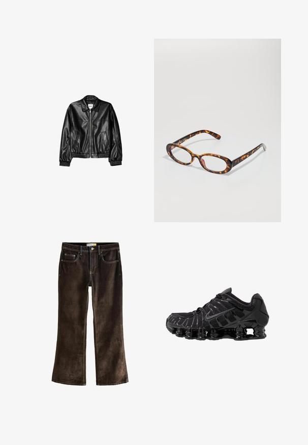 Crna kožna jakna s prednjim patentnim zatvaračem, oštrim ovratnikom i elastičnim manžetama. Ima dva bočna džepa i glatku, sjajnu površinu.; Crni mrežasti bezrukavni top s asimetričnim dekolteom, mekom teksturom i drapiranim detaljem na rubu. Lagana i prozračna tkanina.; Smeđe korduroy traperice bootcut kroja s kontrastnim žutim šavovima, pet džepova i kopčanjem na pojasu.; Crne atletske cipele s mrežastim gornjim dijelom i sjajnim premazima. Imaju zakrivenu zavojnicu za amortizaciju i teksturirane linije sa strane. Vidljiv Nike logo.; Kornjačaste naočale ovalnog oblika s sjajnom završnom obradom, tankim ručkama i suptilnim uzorcima koji podsjećaju na tigrove pruge.