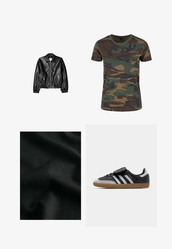 Jachetă din piele neagră, cu fermoar pe față, guler tip punct și manșete elasticizate. Prezentă două buzunare laterale și un finisaj neted, lucios.; Brandit Tricou cu imprimeu - woodland; Material din bumbac negru, cu o textură netedă, prezentând ușoare ondulații și modele de tricot subtile. Materialul oferă o cădere moale și flexibilă.; Tenisi din piele neagră și suede gri, cu dungi albe, talpă din cauciuc caramel, șireturi la față și curea Velcro. Prezintă branding-ul "Samba" în aur.