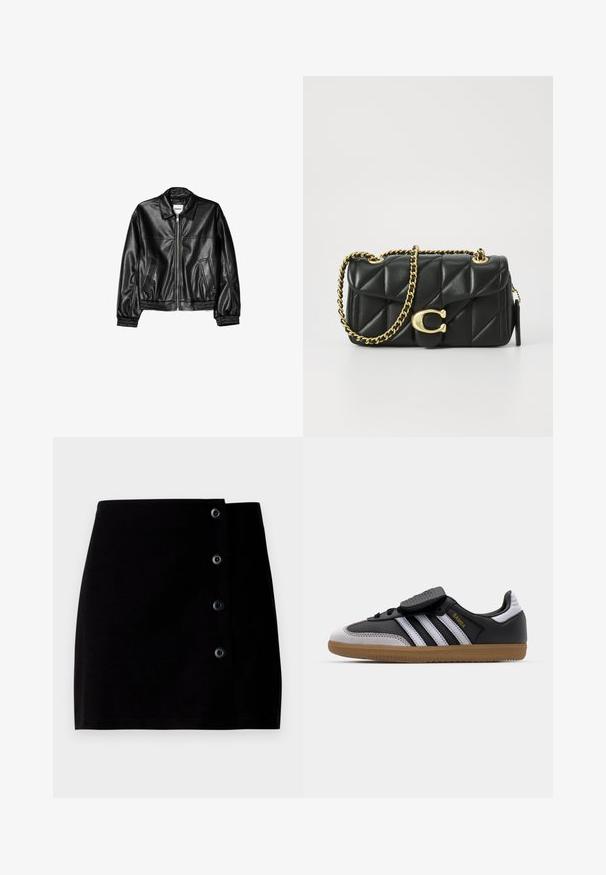 Črna usnjena jakna z zadrgo spredaj, s točkovnim ovratnikom in elastičnimi manšetami. Ima dve stranski žepi in gladko, sijočo površino.; Bela majica s kratkimi rokavi in okroglo izrezom, izdelana iz bombažnega materiala, s prilegajočo silhueto in črno oznako blagovne znamke znotraj ovratnika.; Črna mini krilo iz bombaža, z stranskim zapiranjem na štiri črne gumbke in ravno silhueto. Gladka tekstura.; Črne usnjene in sive semiš teniske z belimi črtami, gumijastim podplatom, vezanjem spredaj in Velcro trakovi. Vsebuje "Samba" blagovno znamko v zlati barvi.; Črna kviltana usnjena torbica z zlatim verižnim ročajem in zapiranjem z obročkom, ki ima okroglo okrasje. Kompaktna pravokotna oblika.
