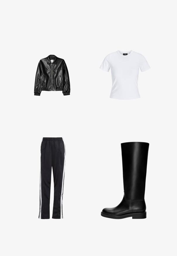 Zwarte leren jas met een ritssluiting aan de voorkant, puntkraag en elastische mouwen. Bevat twee zijzakken en heeft een gladde, glanzende afwerking.; Witte T-shirt met korte mouwen en een ronde hals, gemaakt van katoen, met een getailleerde snit en een zwart merklabel aan de binnenkant van de kraag.; Zwarte trainingsbroek met witte zijstrepen, elastische tailleband en een logo-patch. Gemaakt van gladde, lichte stof. Ontwerp met rechte broekspijpen.; Zwarte leren kniehoogte laars met een gladde textuur, ronde neus, ingetogen design en een lage blokhak. Geen zichtbare hardware of patronen.