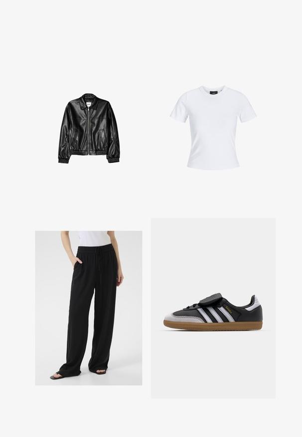 Mustat nahkatakki, jossa on vetoketjulukko edessä, kärkipolvi ja elastisoidut hihansuut. Ominaisuuksiin kuuluu kaksi sivutaskua ja sileä, kiiltävä pinta.; Valkoinen lyhythihainen t-paita pyöreällä pääntiellä, valmistettu puuvillamateriaalista, jossa on vartalonmyötäinen malli ja musta tuotemerkki, joka on kauluksen sisäpuolella.; Mustat, väljästi istuvat housut pehmeästä kankaasta, jossa on joustava vyötärö, säädettävä nyöri ja sivutaskut. Muttahratt hoikka lahkeiden muotoilu.; Musta nahkakengät ja harmaa mokkasiini valkoisilla raidoilla, kuminen pohja, nauhakiinnitys edessä ja tarranauha. Varustettu kultaisella "Samba" -brändäyksellä.