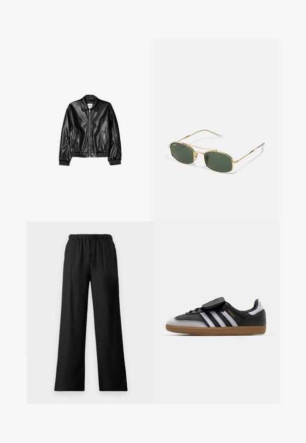 Czarna skórzana kurtka z zamkiem z przodu, kołnierzykiem typu point i elastycznymi mankietami. Posiada dwie boczne kieszenie oraz gładkie, błyszczące wykończenie.; Biała koszulka z krótkim rękawem, okrągłym dekoltem, wykonana z materiału bawełnianego, charakteryzująca się dopasowaną sylwetką oraz czarną metką marki wewnątrz kołnierza.; Czarne spodnie o szerokich nogawkach wykonane z lekkiego materiału, z elastycznym paskiem w talii i sznurkiem do regulacji oraz gładką fakturą.; Czarne skórzane i szare zamszowe sneakersy z białymi paskami, gumową podeszwą, sznurowanym przodem oraz rzepem. Charakteryzują się złotym logo "Samba".; Złote okulary przeciwsłoneczne z zielonymi soczewkami, o kanciastym kształcie i smukłych zausznikach. Projekt zawiera cienką oprawkę oraz subtelne logo na soczewce.